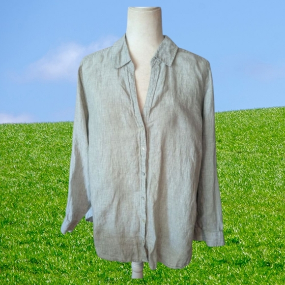 100% Linen Tunic Sage Lagenlook Oversized  Button-Up Shirt Roll Up Sleeves Sz 3x - Picture 1 of 9